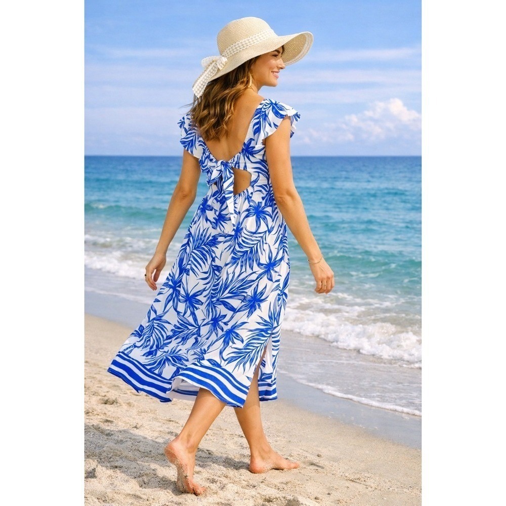 Blue White Tropical Palm Print Flutter Sleeve Tie Back Midi Dress Size S NEW
